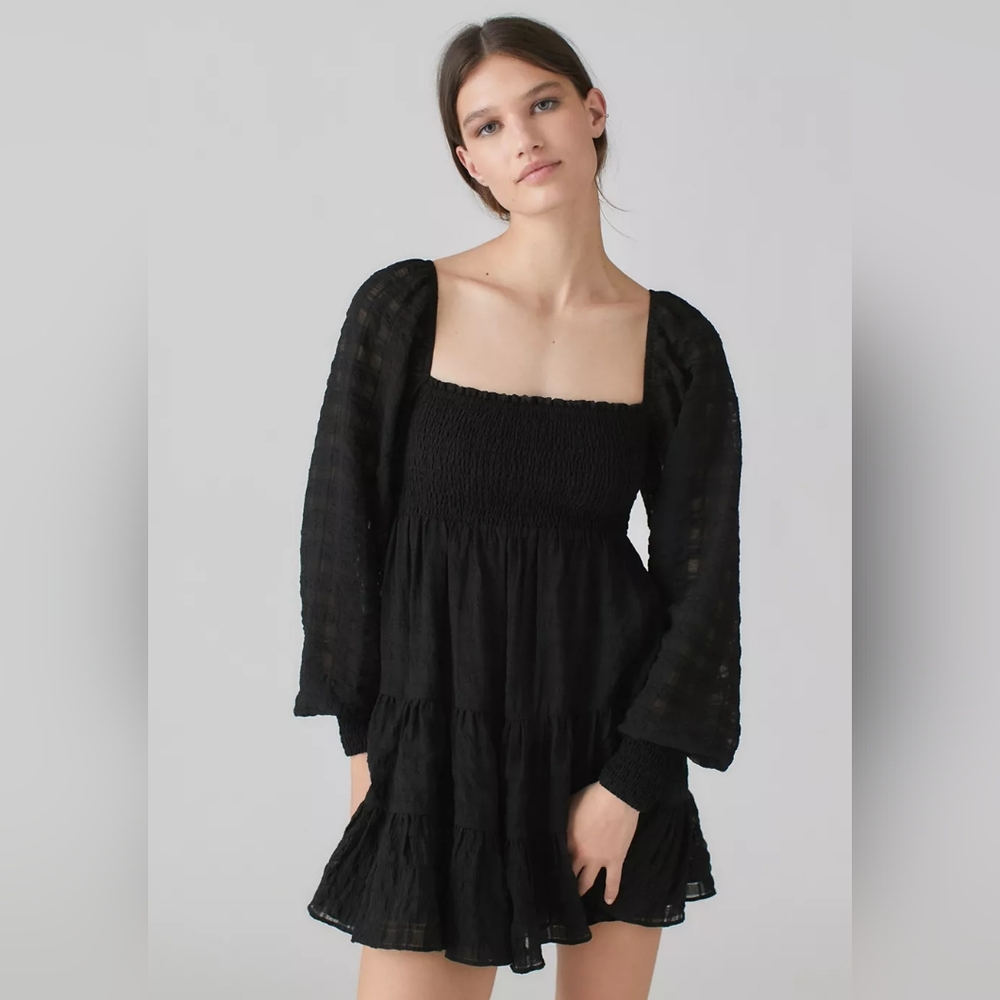 UO River Smocked Long Sleeve Mini Dress